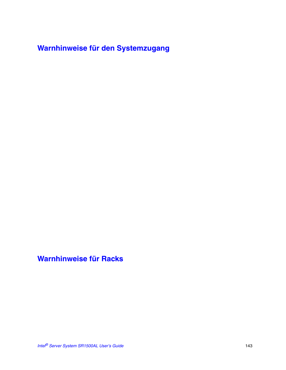 Warnhinweise für den systemzugang, Warnhinweise für racks | Intel SR1500AL User Manual | Page 165 / 180