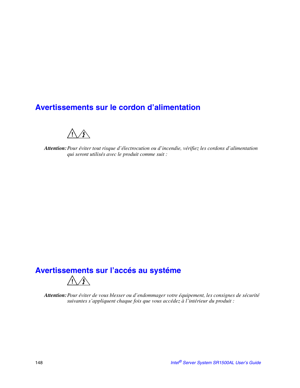 Avertissements sur le cordon d’alimentation, Avertissements sur l’accés au systéme | Intel SR1500AL User Manual | Page 170 / 180