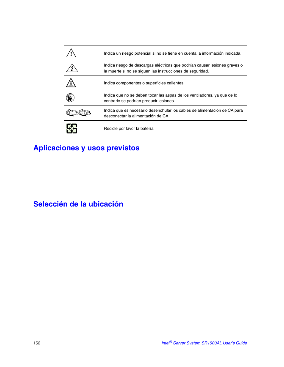 Aplicaciones y usos previstos, Seleccién de la ubicación | Intel SR1500AL User Manual | Page 174 / 180