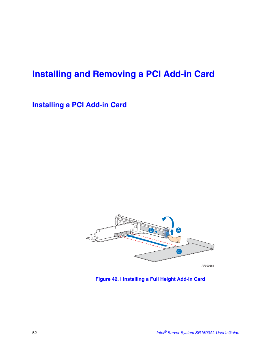 Installing and removing a pci add-in card, Installing a pci add-in card | Intel SR1500AL User Manual | Page 74 / 180