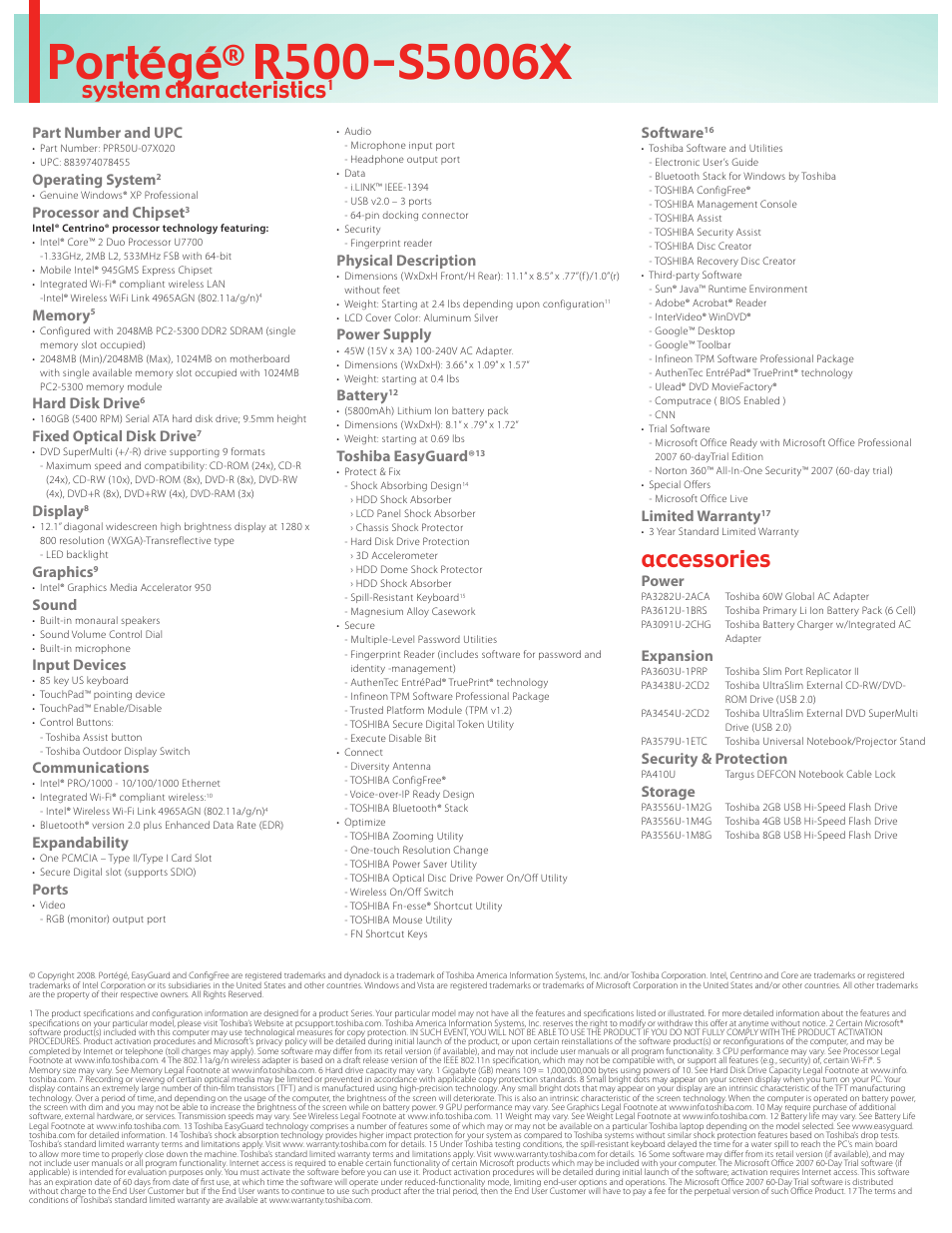 Portégé, Accessories, System characteristics | Part number and upc, Operating system, Processor and chipset, Hard disk drive, Fixed optical disk drive, Display, Graphics | Intel R500-S5006X User Manual | Page 2 / 2