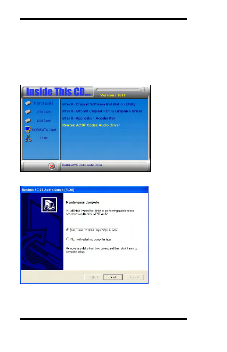 Ac97 codec audio driver installation, Click realtek ac'97 codec audio driver | Intel IB868 User Manual | Page 52 / 60