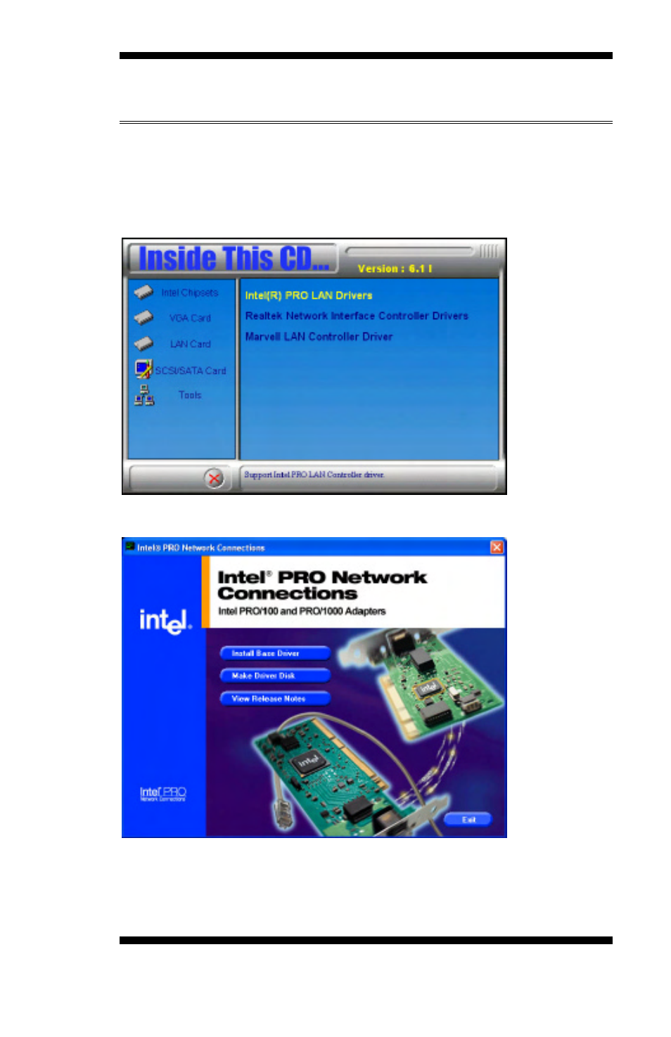 Lan drivers installation, Click install base software to continue | Intel IB868 User Manual | Page 53 / 60