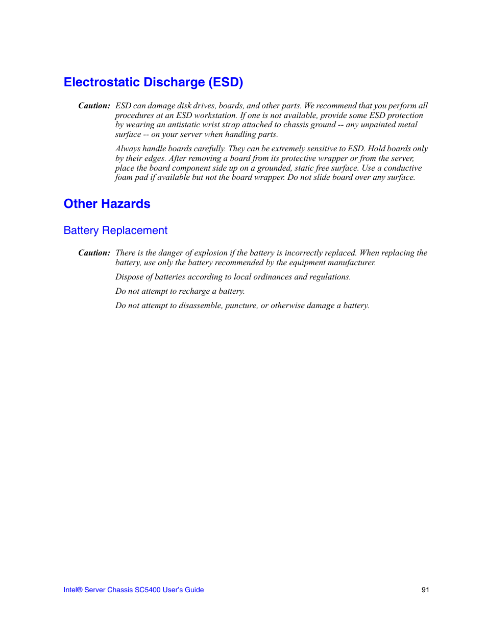 Electrostatic discharge (esd), Other hazards, Battery replacement | Intel SC5400 User Manual | Page 113 / 146