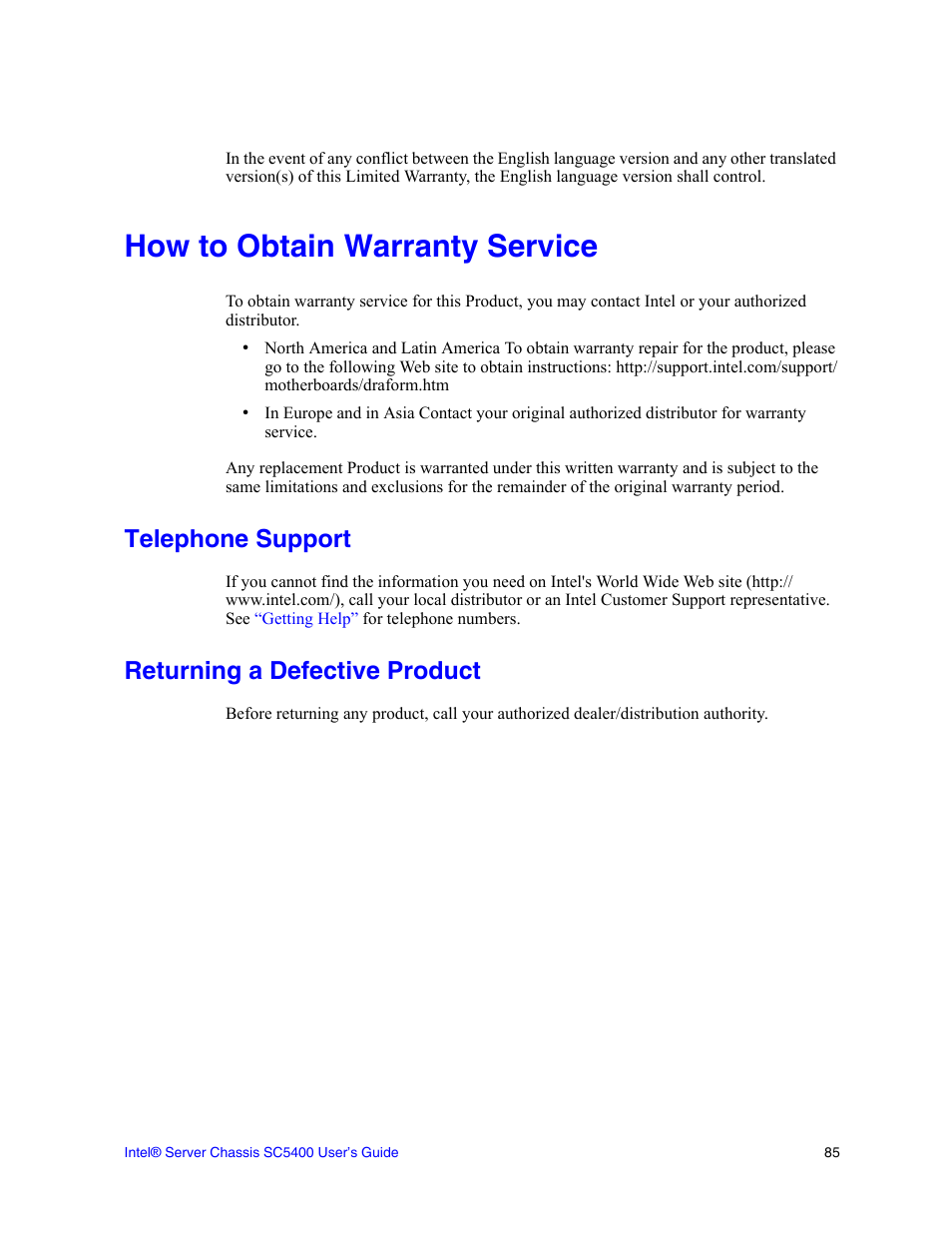 How to obtain warranty service, Telephone support, Returning a defective product | Intel SC5400 User Manual | Page 141 / 146