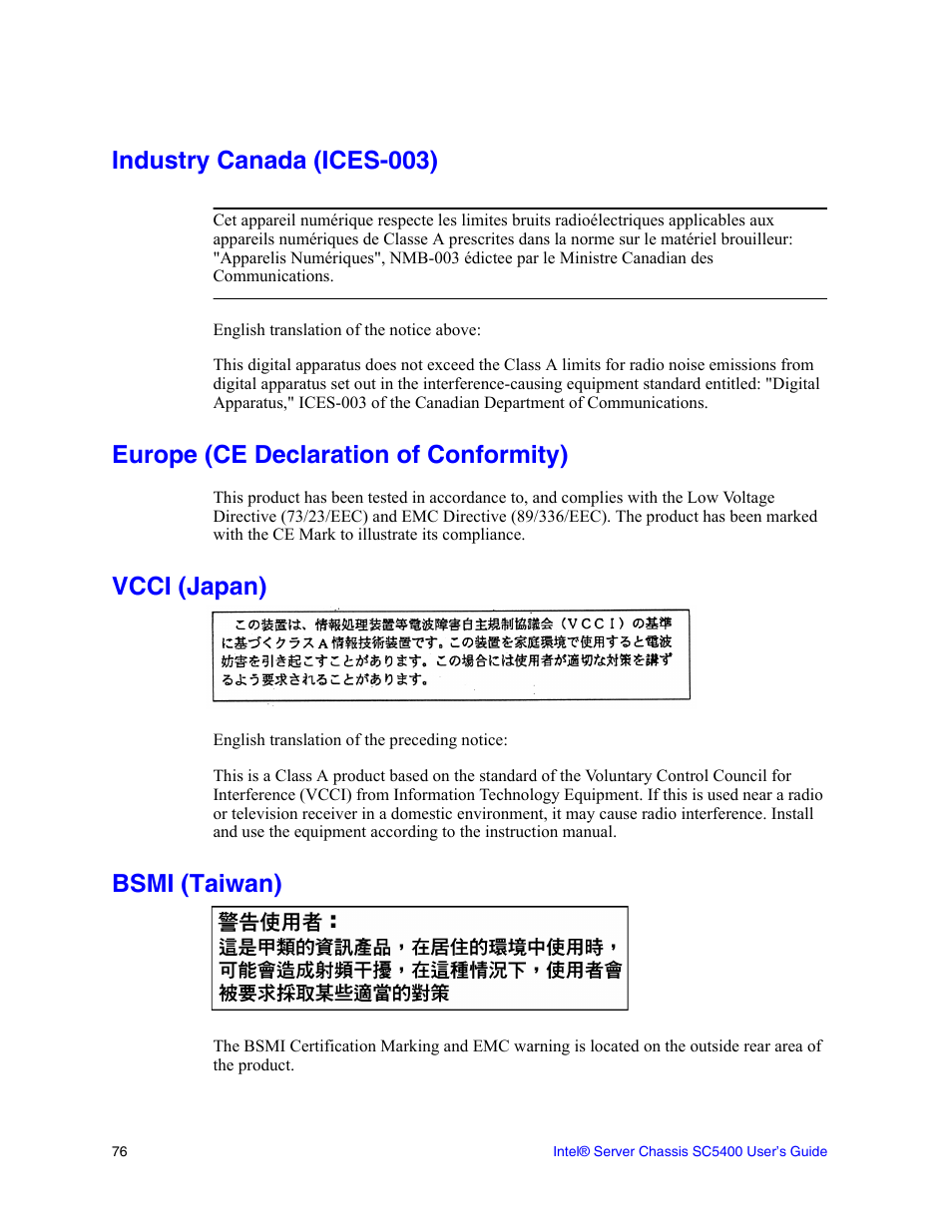 Industry canada (ices-003), Europe (ce declaration of conformity), Vcci (japan) | Bsmi (taiwan) | Intel SC5400 User Manual | Page 90 / 146