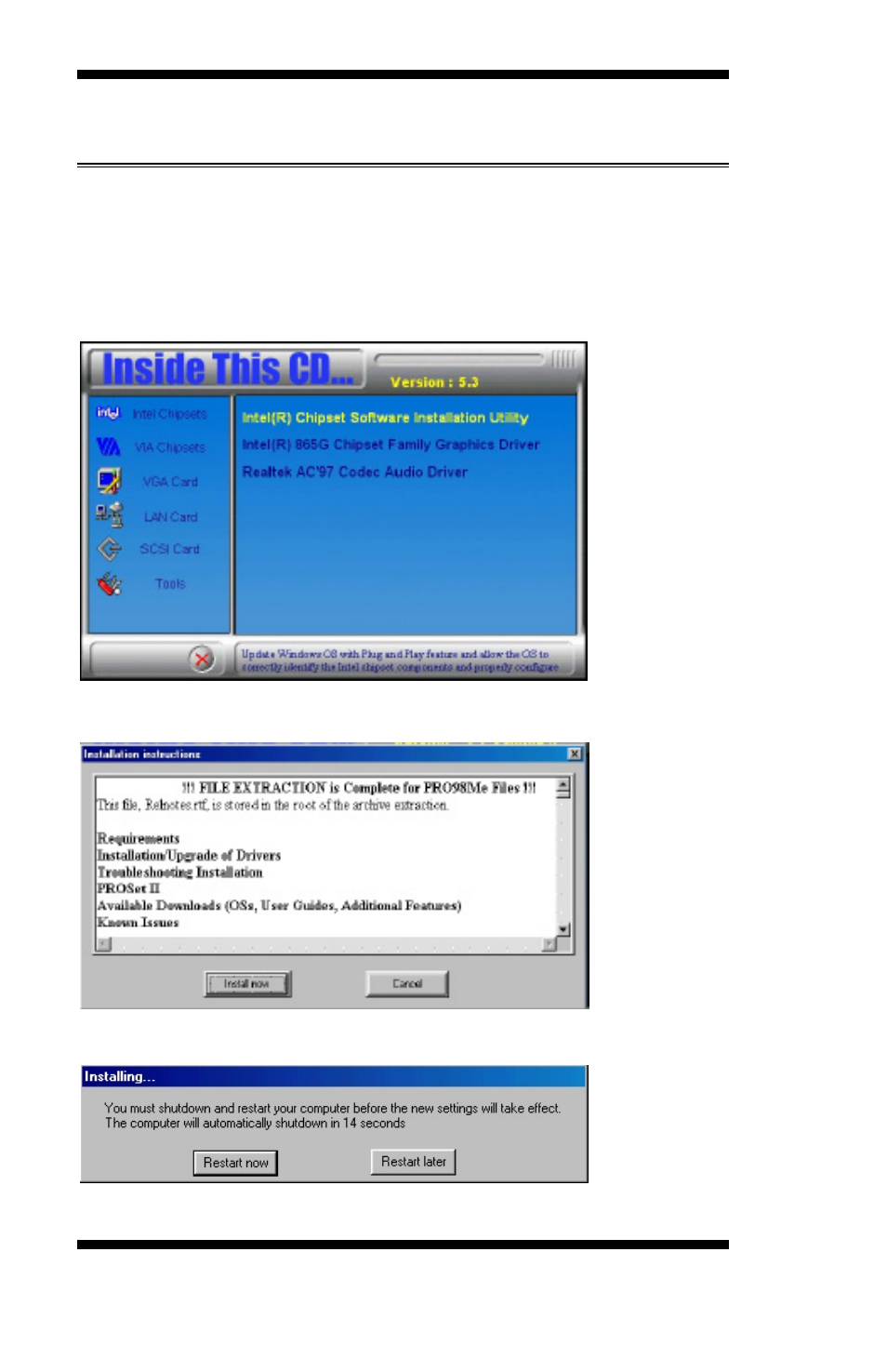 Intel pro lan drivers installation, Click install now | Intel 865G User Manual | Page 64 / 64