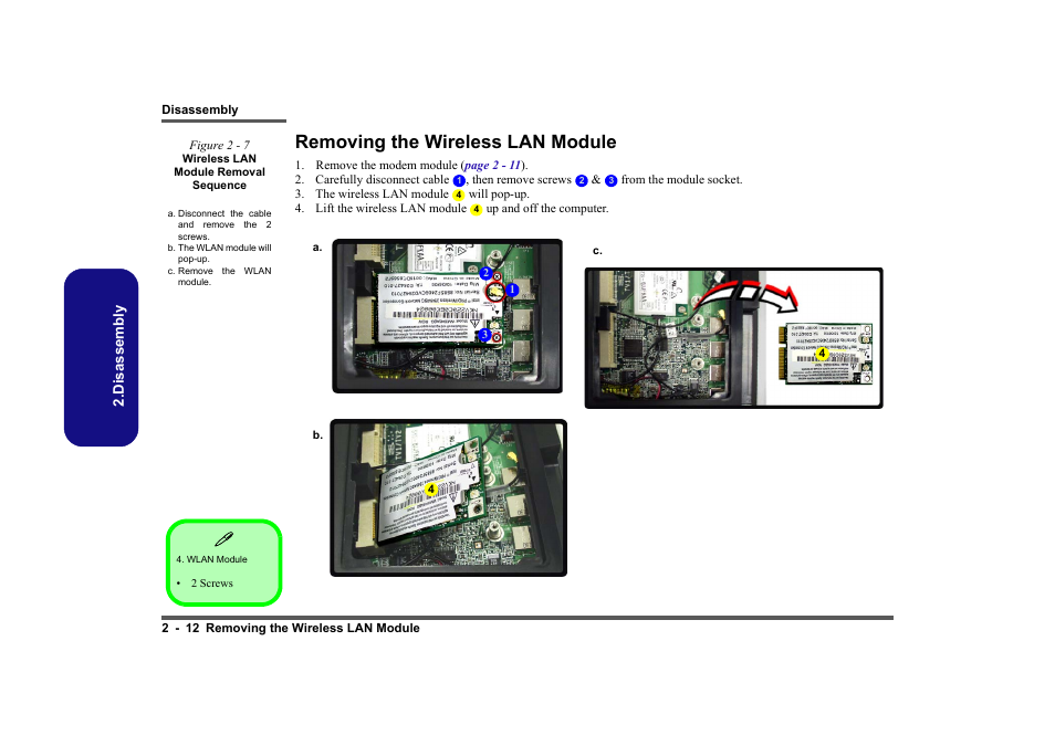 Removing the wireless lan module, Removing the wireless lan module -12 | Intel LV19C Series User Manual | Page 31 / 97
