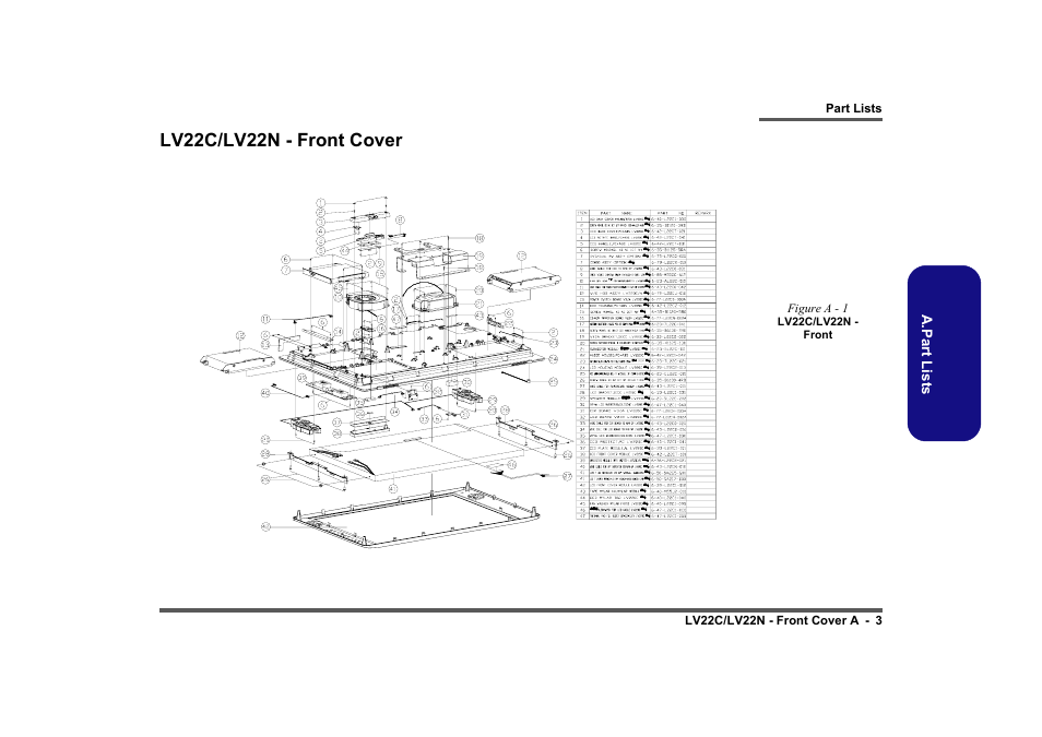 Lv22c/lv22n - front cover, Figure a - 1 lv22c/lv22n - front, A.part lists | Figure a - 1, Lv22c/lv22n - front | Intel LV19C Series User Manual | Page 40 / 97