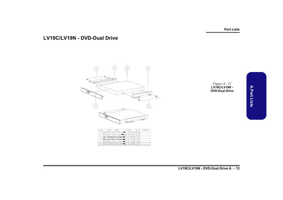 Lv19c/lv19n - dvd-dual drive, Figure a - 11 lv19c/lv19n - dvd-dual drive, A.part lists | Intel LV19C Series User Manual | Page 50 / 97