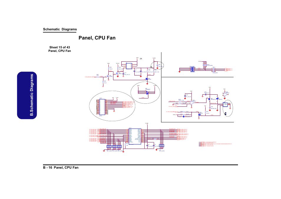Panel, cpu fan, Sheet 15 of 43 panel, cpu fan, B.schematic diagrams | Schematic diagrams b - 16 panel, cpu fan, Panel, Panel id selector, Cpu fan control, Crt connector | Intel LV19C Series User Manual | Page 69 / 97