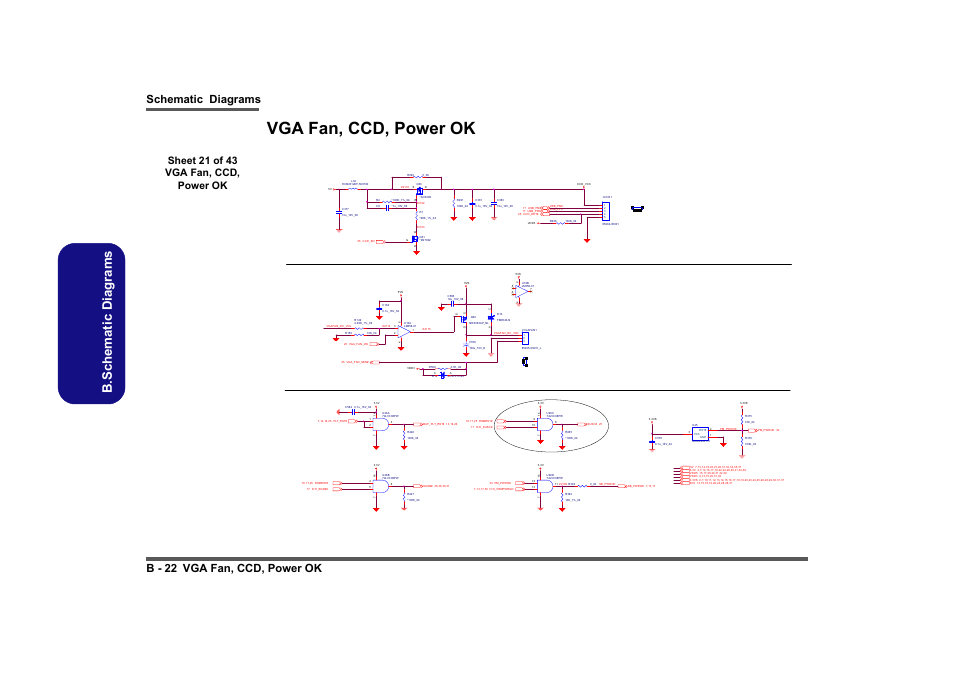 Vga fan, ccd, power ok, Sheet 21 of 43 vga fan, ccd, power ok, B.schematic diagrams | Schematic diagrams b - 22 vga fan, ccd, power ok, Vga fan control, Power ok | Intel LV19C Series User Manual | Page 75 / 97