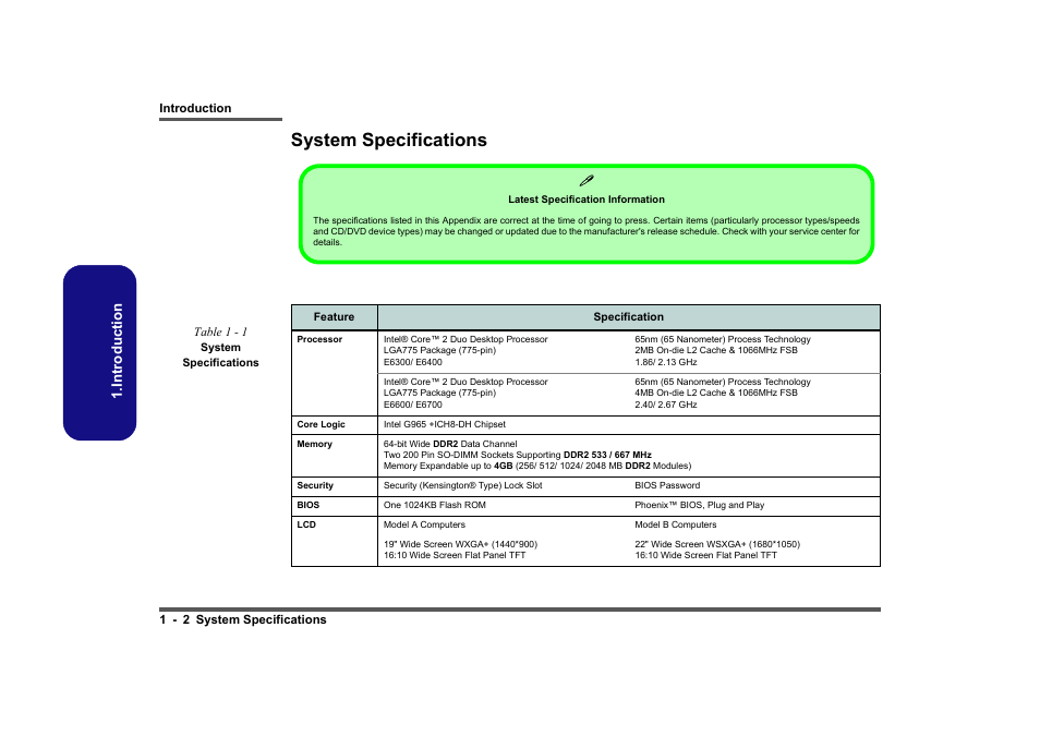 System specifications, System specifications -2, Introduction | Intel LV19C Series User Manual | Page 9 / 97