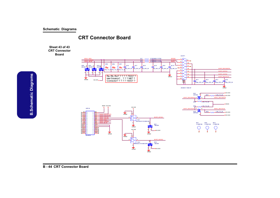 Crt connector board, Sheet 43 of 43 crt connector board, B.schematic diagrams | Schematic diagrams b - 44 crt connector board, Please close to connector | Intel LV19C Series User Manual | Page 97 / 97