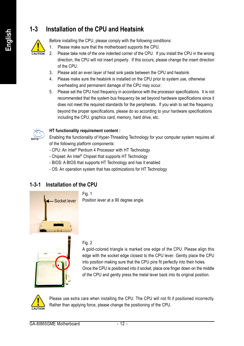 English, 3 installation of the cpu and heatsink | Intel Pentium 4 Processor Motherboard GA-8I865GME User Manual | Page 12 / 72