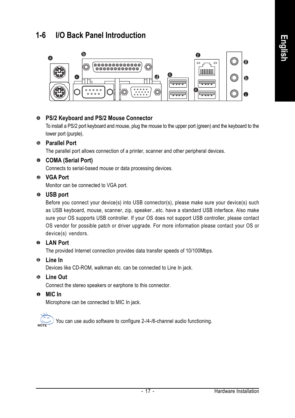 English, 6 i/o back panel introduction | Intel Pentium 4 Processor Motherboard GA-8I865GME User Manual | Page 17 / 72