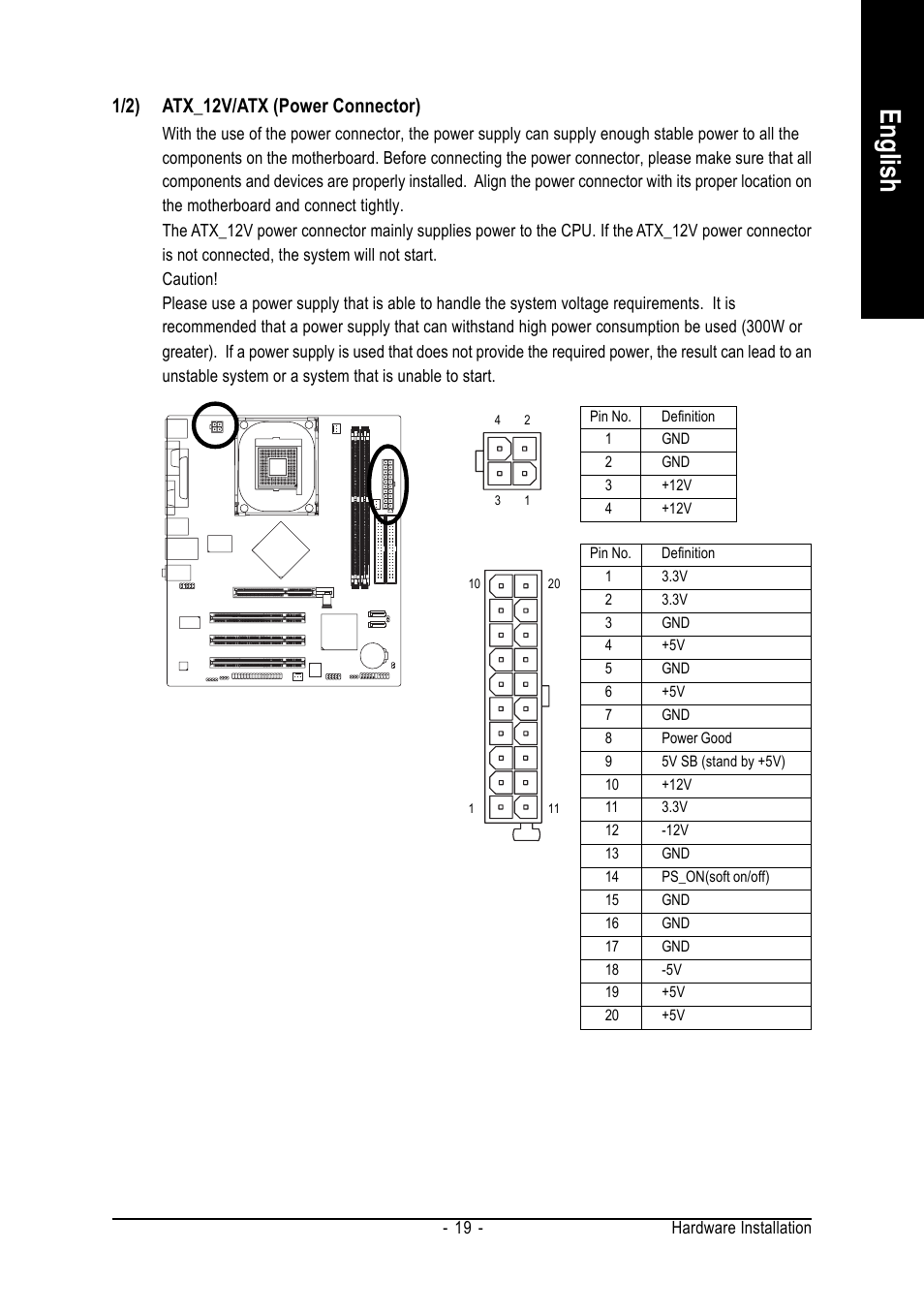 English, 1/2) atx_12v/atx (power connector) | Intel Pentium 4 Processor Motherboard GA-8I865GME User Manual | Page 19 / 72