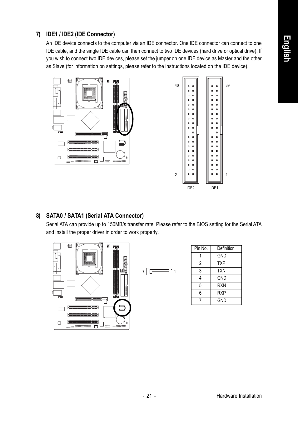 English, 7) ide1 / ide2 (ide connector), 8) sata0 / sata1 (serial ata connector) | Intel Pentium 4 Processor Motherboard GA-8I865GME User Manual | Page 21 / 72