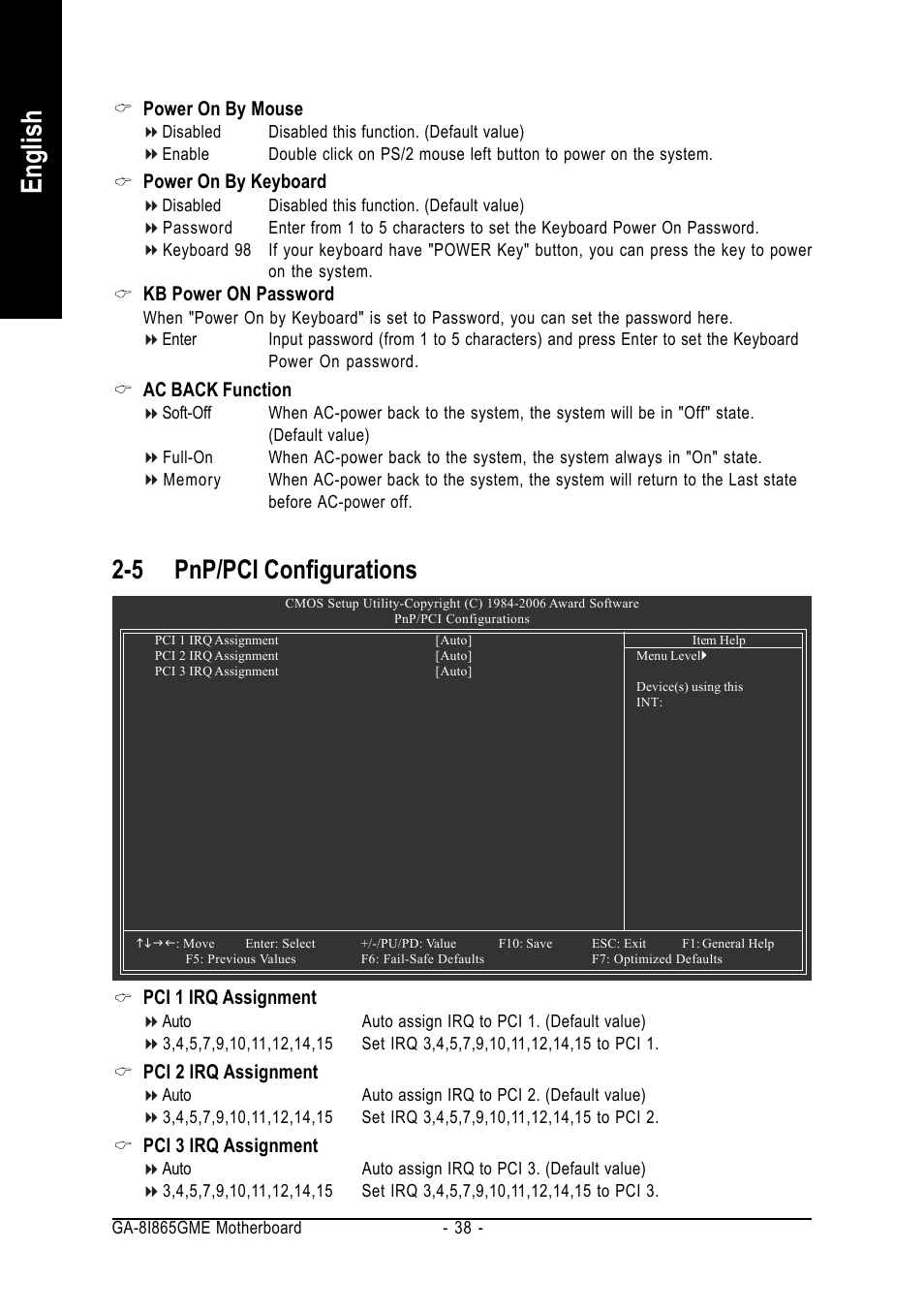 English, 5 pnp/pci configurations | Intel Pentium 4 Processor Motherboard GA-8I865GME User Manual | Page 38 / 72