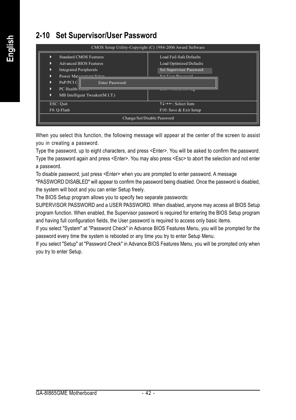 English, 10 set supervisor/user password | Intel Pentium 4 Processor Motherboard GA-8I865GME User Manual | Page 42 / 72