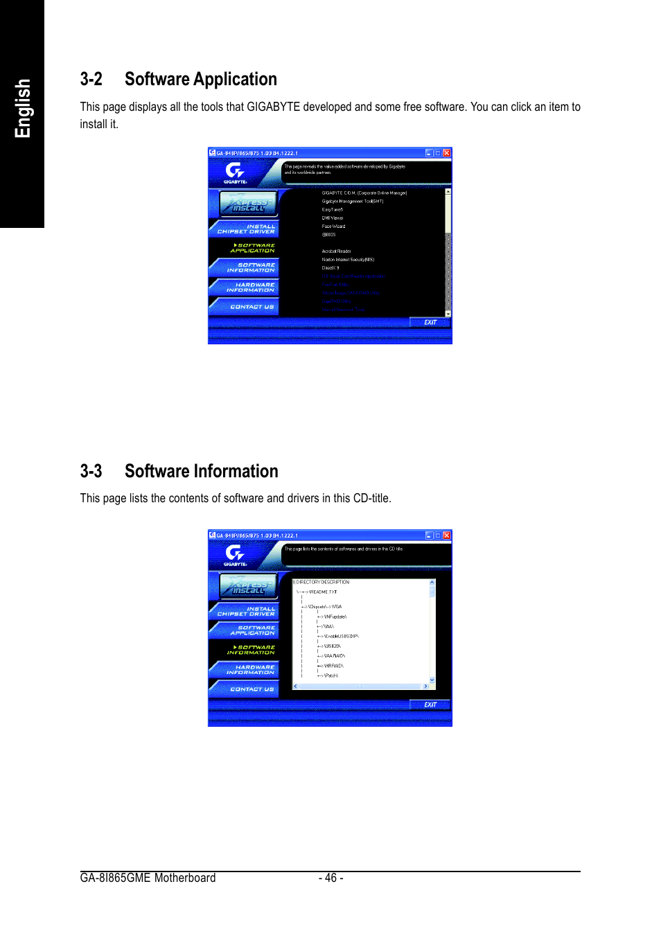 English, 2 software application, 3 software information | Intel Pentium 4 Processor Motherboard GA-8I865GME User Manual | Page 46 / 72