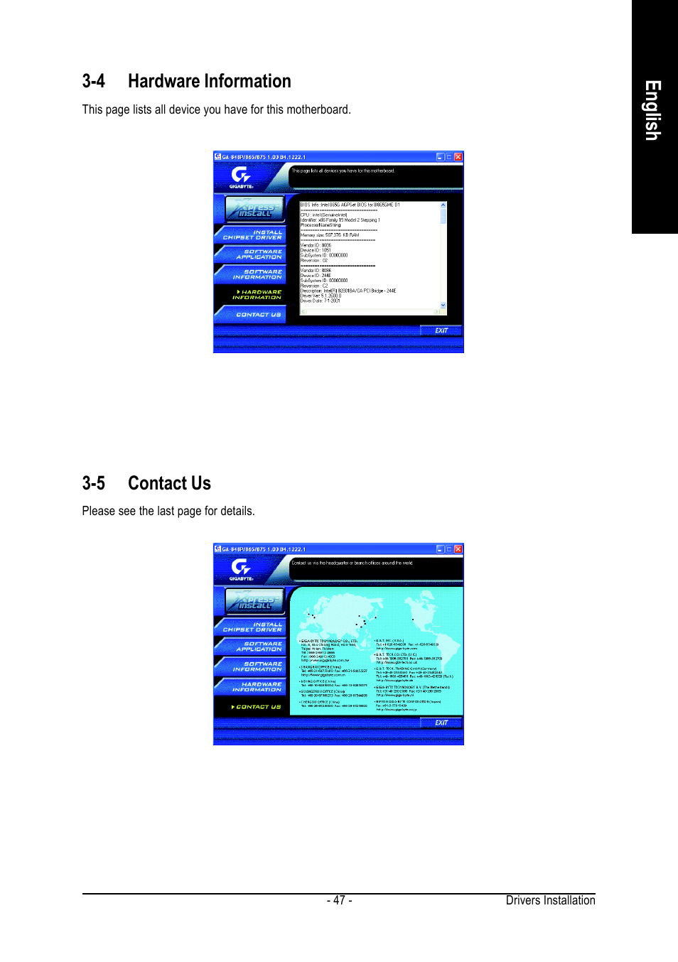 English, 4 hardware information, 5 contact us | Intel Pentium 4 Processor Motherboard GA-8I865GME User Manual | Page 47 / 72