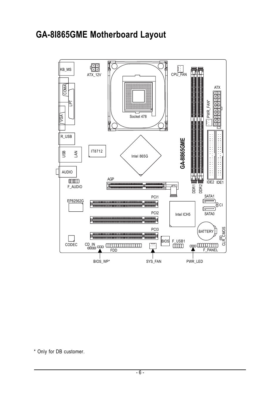 Ga-8i865gme motherboard layout, Ga-8i865gme, Only for db customer | Intel Pentium 4 Processor Motherboard GA-8I865GME User Manual | Page 6 / 72