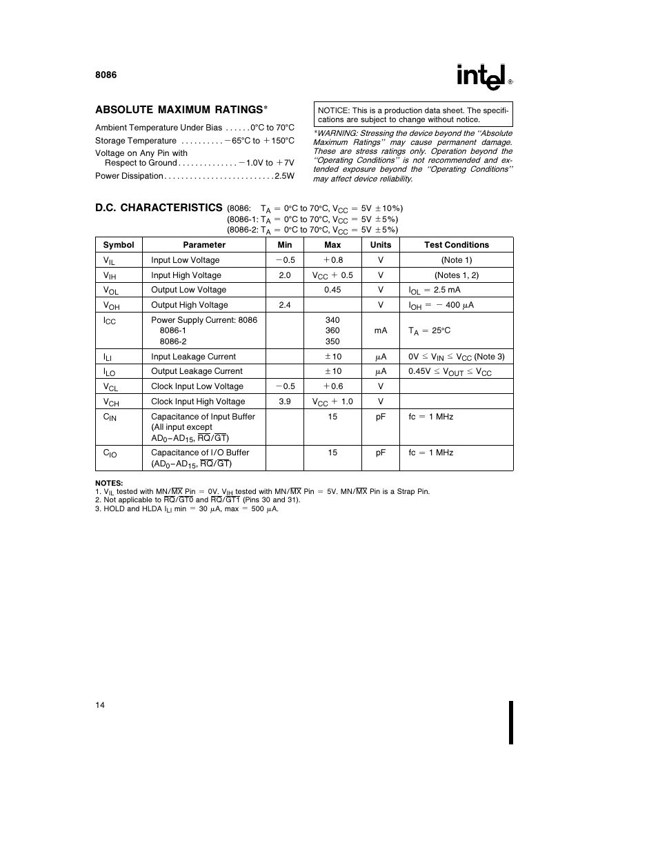 Absolute maximum ratings, D c characteristics | Intel 8086-1 User Manual | Page 14 / 30