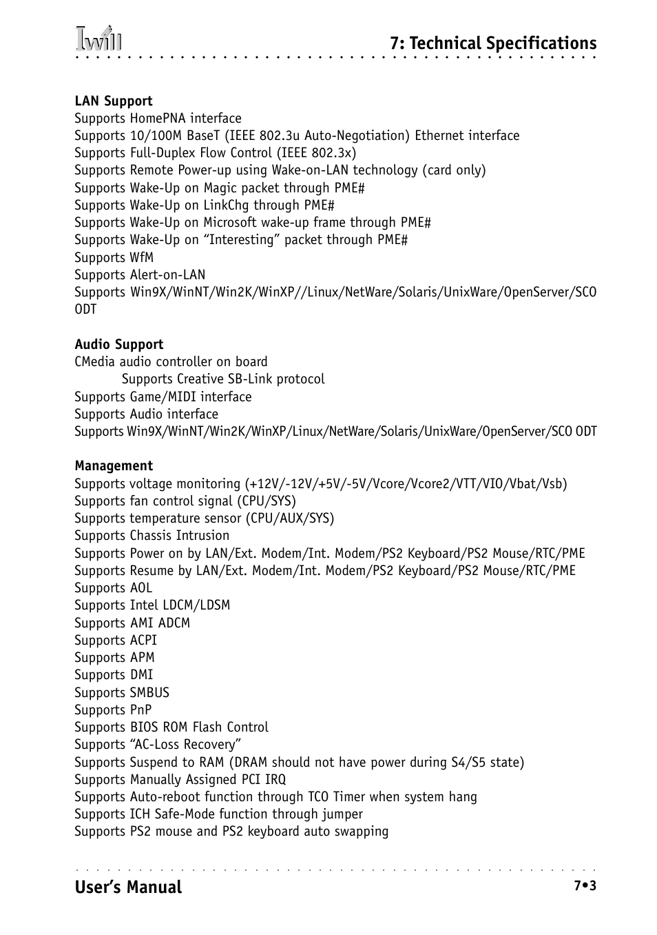 Technical specifications, User’s manual | Intel IWILL P4D-N User Manual | Page 101 / 104