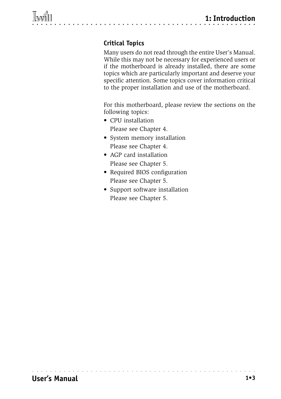 Critical topics, Introduction user’s manual | Intel IWILL P4D-N User Manual | Page 11 / 104