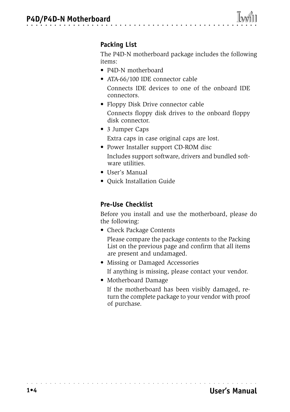 Packing list, Pre-use checklist, Packing list pre-use checklist | P4d/p4d-n motherboard user’s manual | Intel IWILL P4D-N User Manual | Page 12 / 104