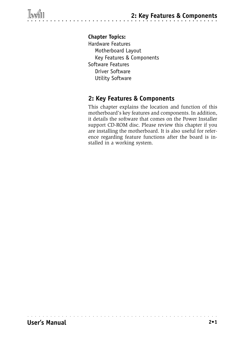 Key features & components, User’s manual | Intel IWILL P4D-N User Manual | Page 15 / 104