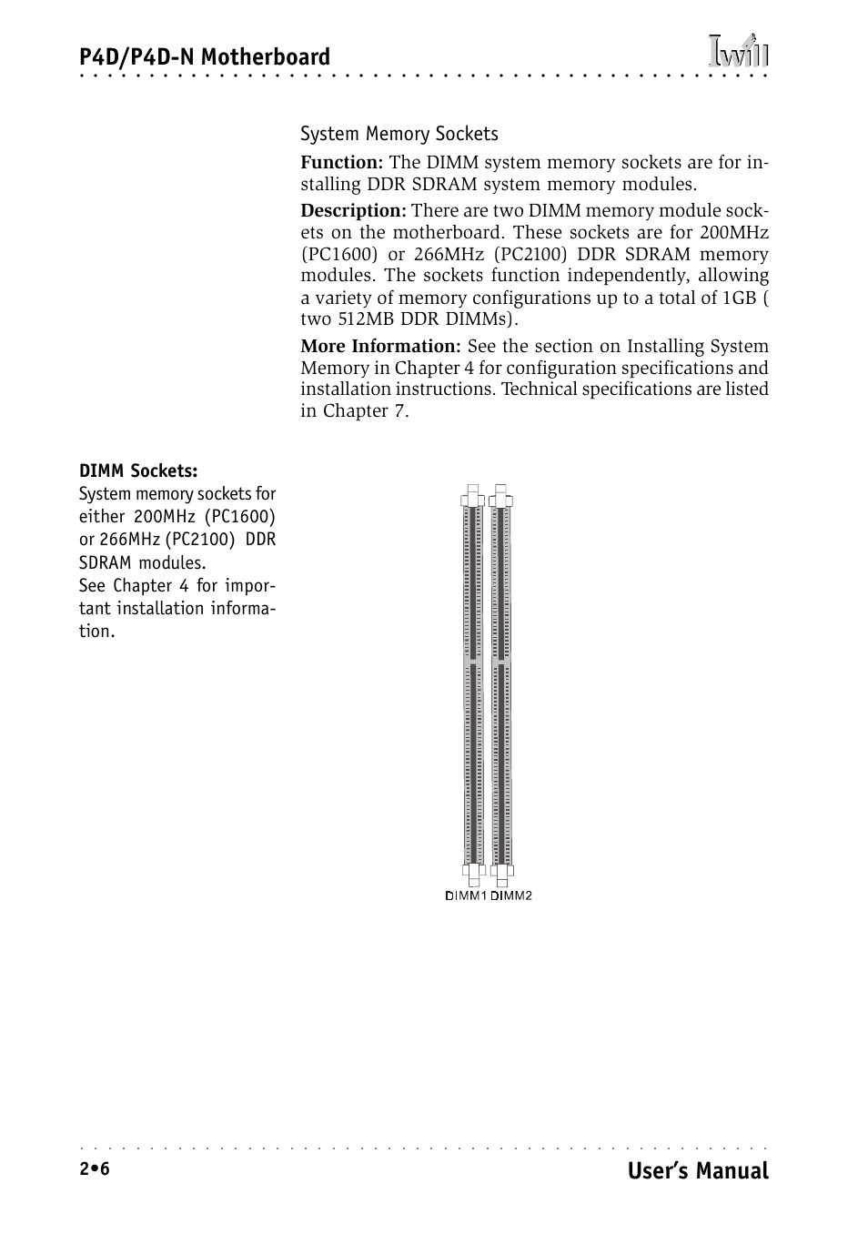 System memory sockets, P4d/p4d-n motherboard, User’s manual | Intel IWILL P4D-N User Manual | Page 20 / 104