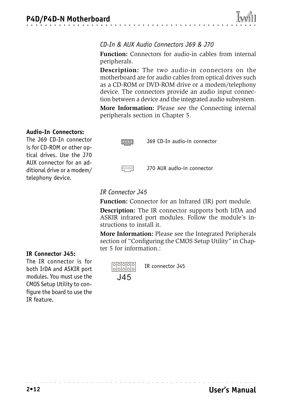 Cd-in & aux audio connectors j69 & j70, Ir connector j45, P4d/p4d-n motherboard | User’s manual | Intel IWILL P4D-N User Manual | Page 26 / 104