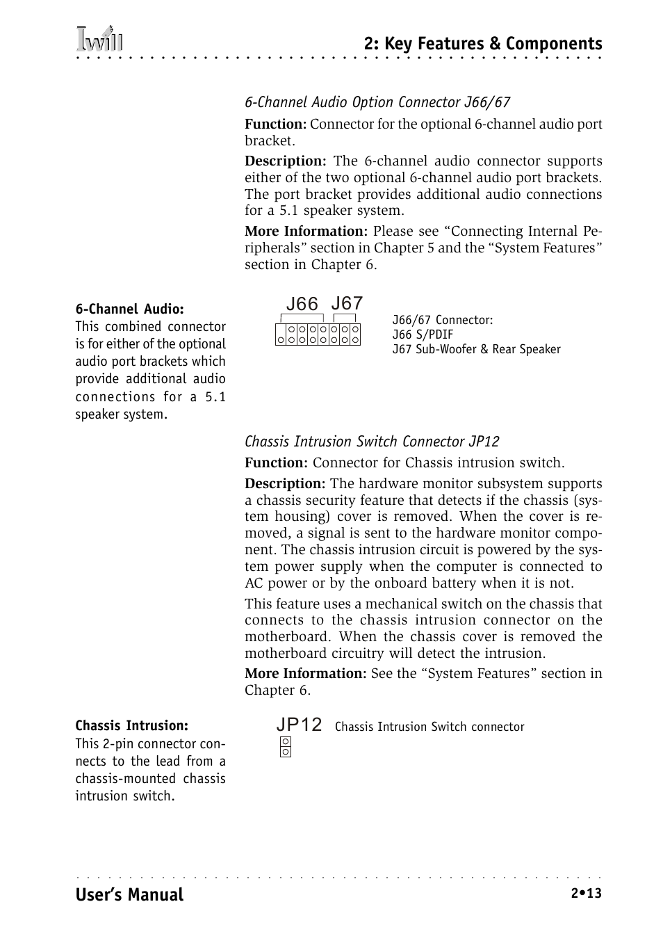 Channel audio option connector j66/67, Chassis intrusion switch connector jp12, Jp12 | Key features & components, User’s manual, J66 j67, Chassis intrusion switch connector | Intel IWILL P4D-N User Manual | Page 27 / 104