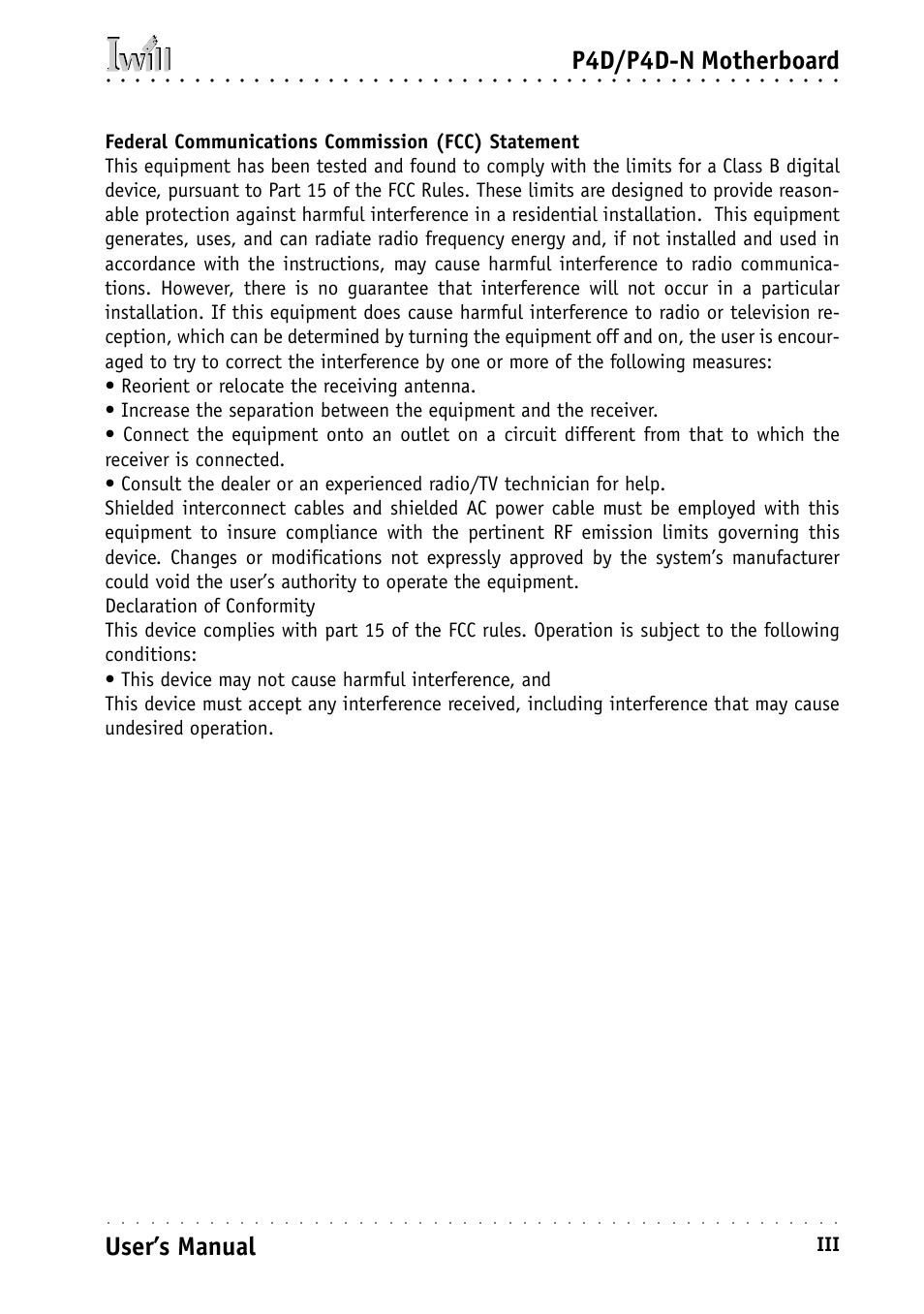 P4d/p4d-n motherboard, User’s manual | Intel IWILL P4D-N User Manual | Page 3 / 104