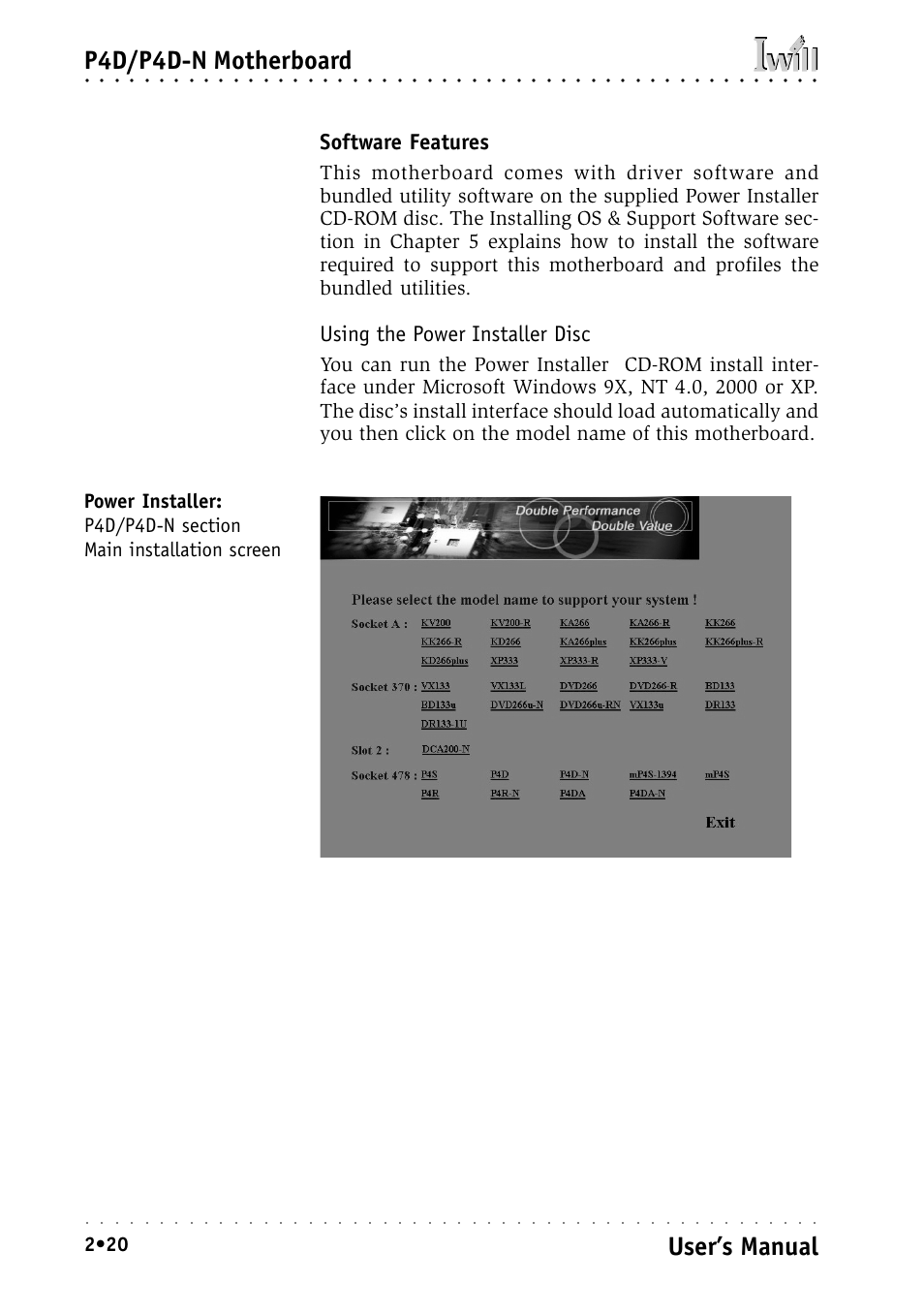 Software features, Using the power installer disc, P4d/p4d-n motherboard | User’s manual | Intel IWILL P4D-N User Manual | Page 34 / 104