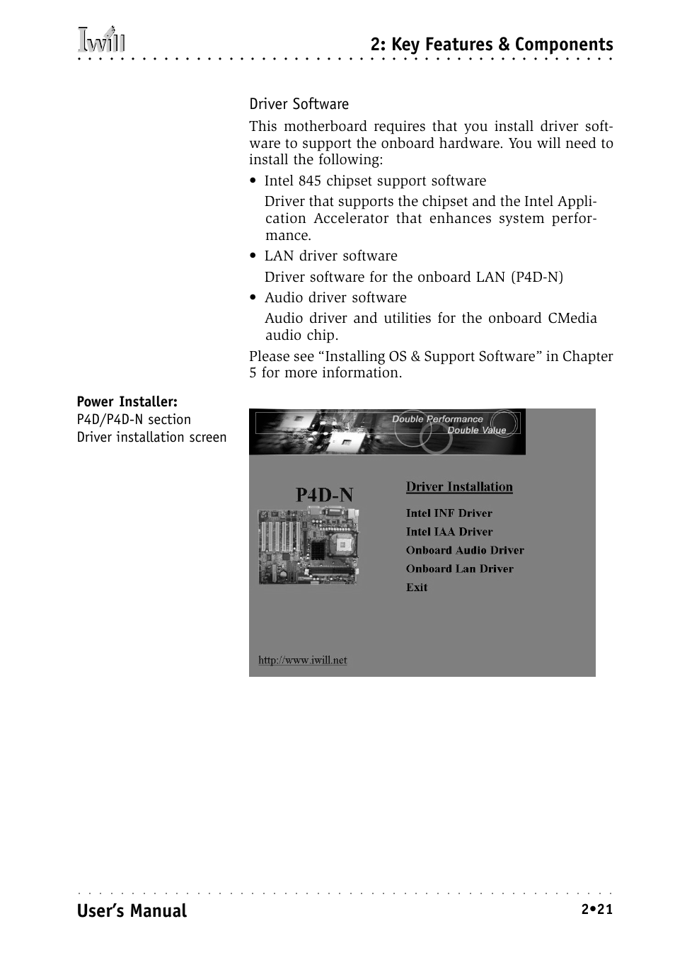 Driver software, Key features & components, User’s manual | Intel IWILL P4D-N User Manual | Page 35 / 104