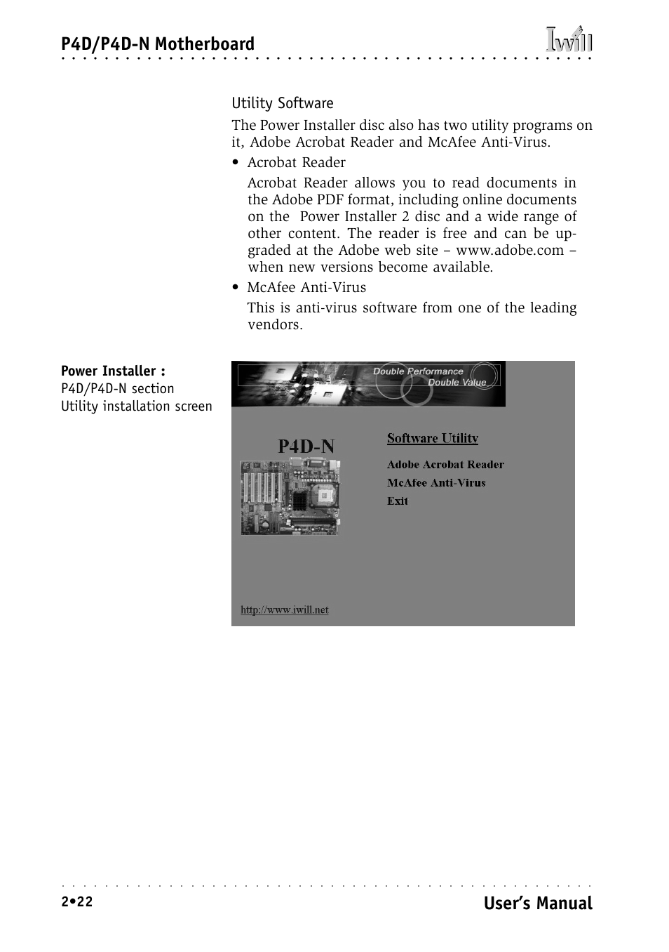 Utility software, P4d/p4d-n motherboard, User’s manual | Intel IWILL P4D-N User Manual | Page 36 / 104