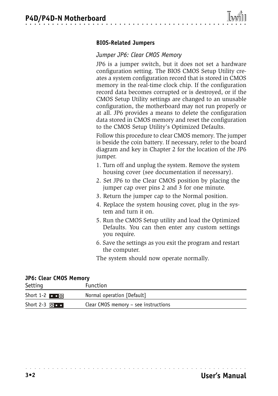 Jumper jp6: clear cmos memory, P4d/p4d-n motherboard, User’s manual | Bios-related jumpers | Intel IWILL P4D-N User Manual | Page 38 / 104