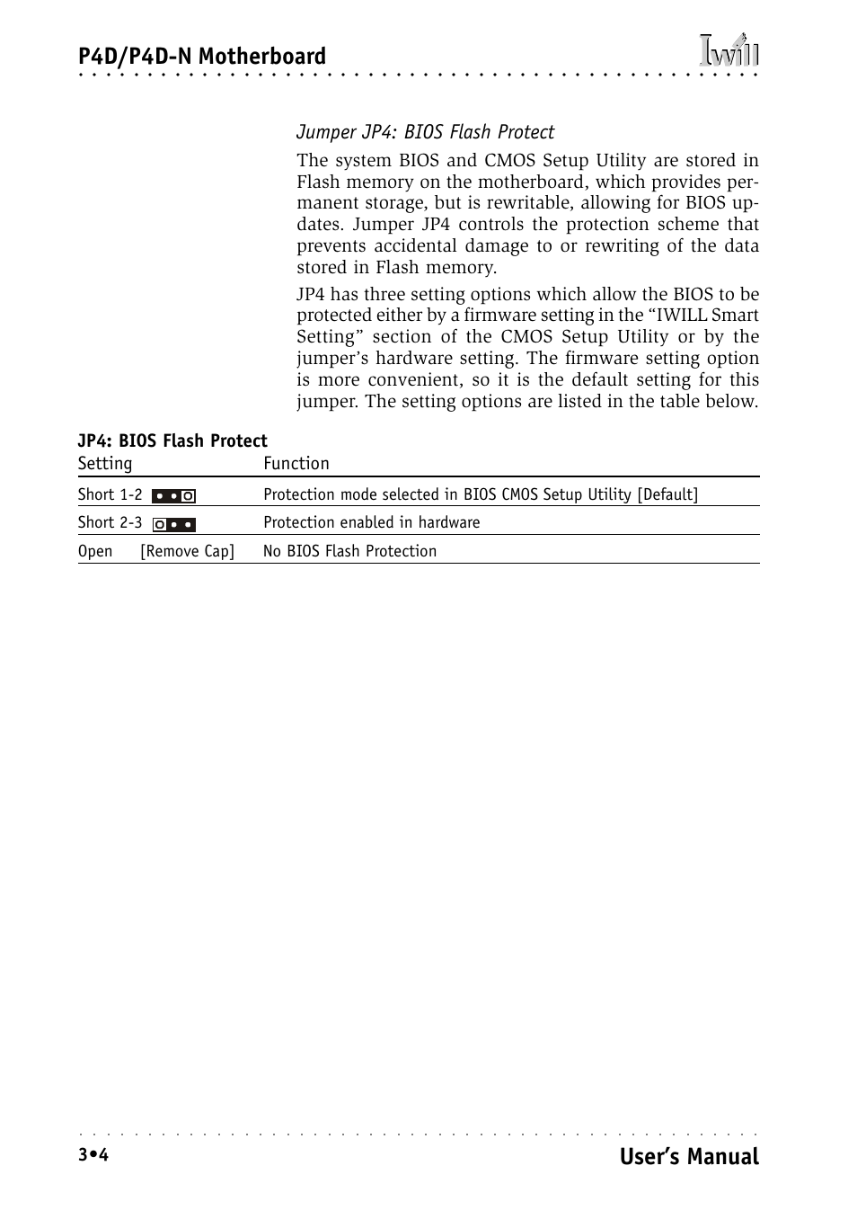 Jumper jp4: bios flash protect, P4d/p4d-n motherboard, User’s manual | Intel IWILL P4D-N User Manual | Page 40 / 104