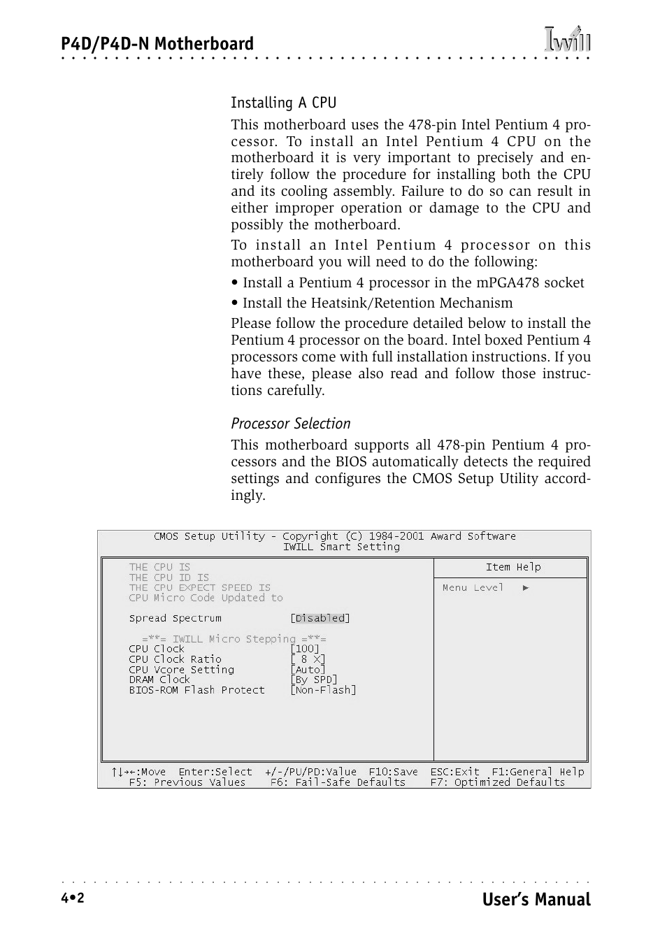 Installing a cpu, Processor selection, P4d/p4d-n motherboard | User’s manual | Intel IWILL P4D-N User Manual | Page 48 / 104