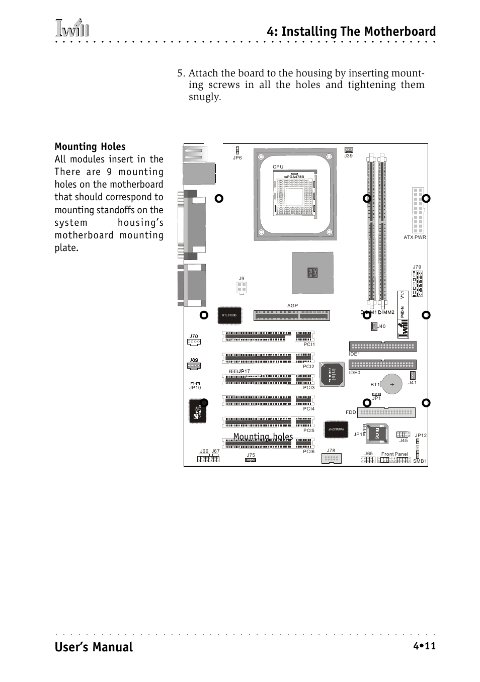 Installing the motherboard, User’s manual, Mounting holes | Intel IWILL P4D-N User Manual | Page 57 / 104