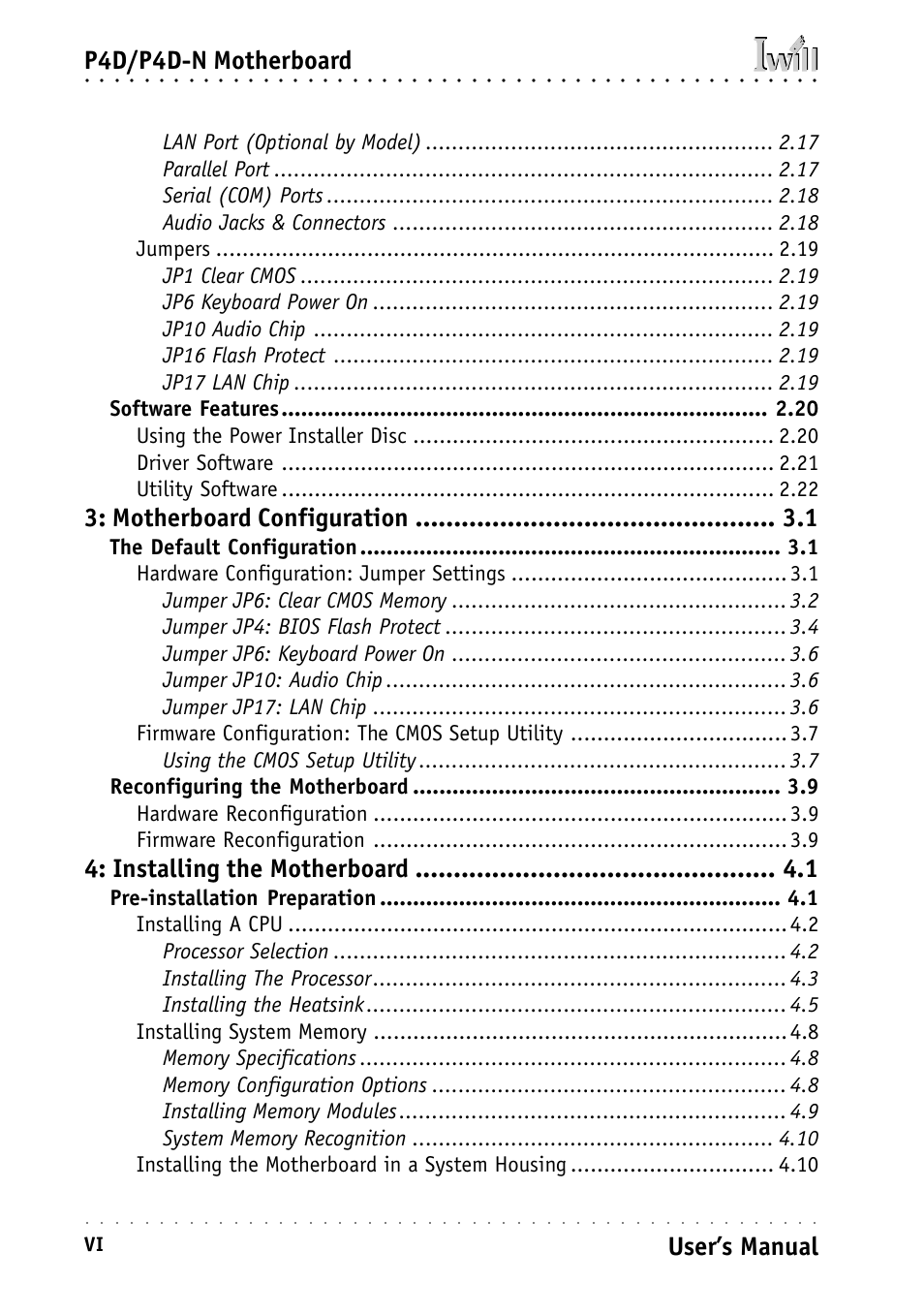 P4d/p4d-n motherboard, User’s manual, Motherboard configuration | Installing the motherboard | Intel IWILL P4D-N User Manual | Page 6 / 104
