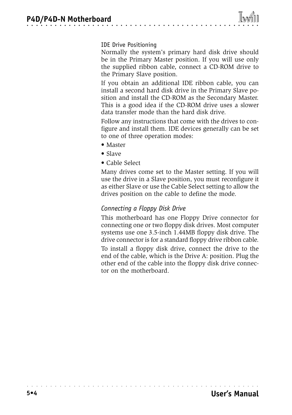 Connecting a floppy disk drive, P4d/p4d-n motherboard, User’s manual | Intel IWILL P4D-N User Manual | Page 62 / 104