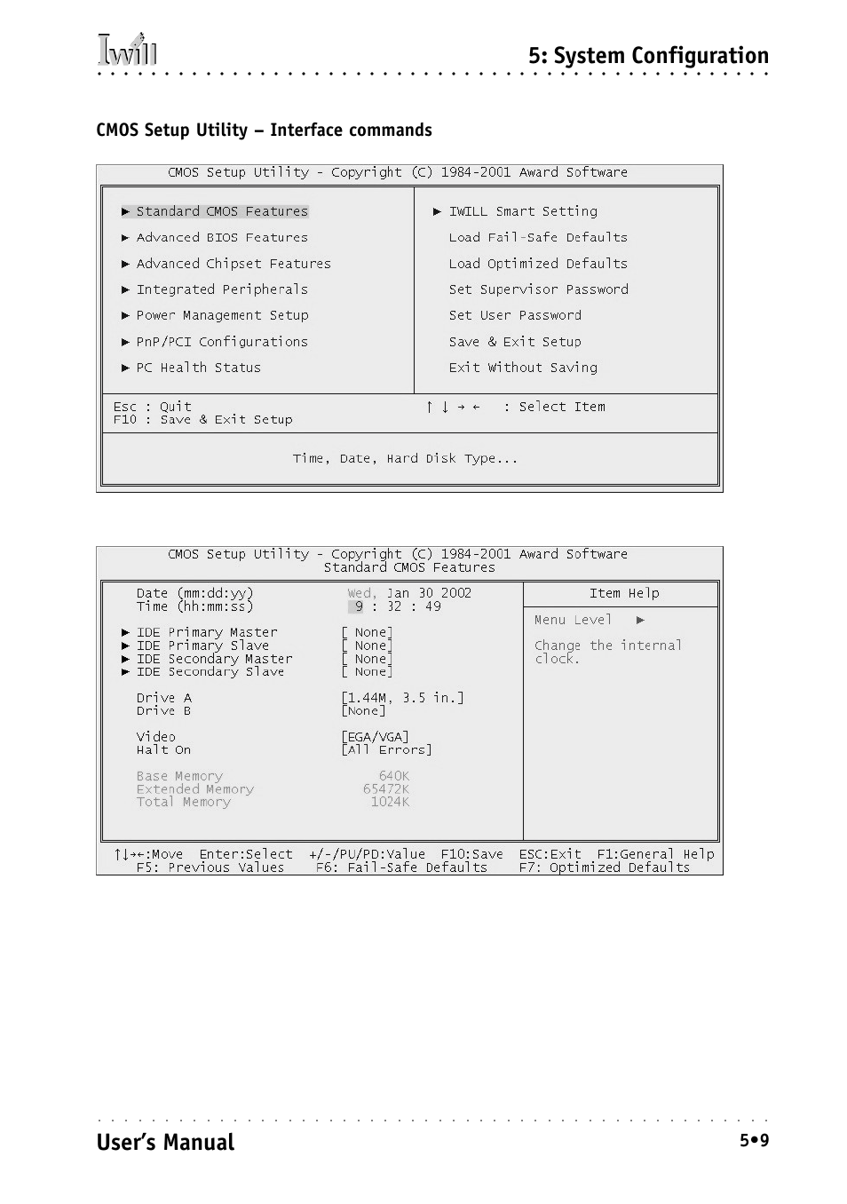 System configuration, User’s manual, Cmos setup utility – interface commands | Intel IWILL P4D-N User Manual | Page 67 / 104