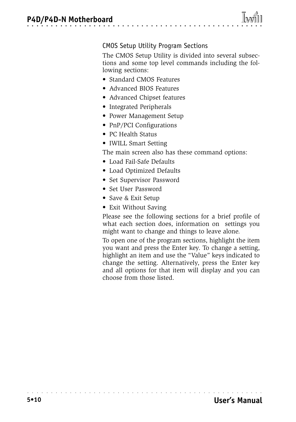 Cmos setup utility program sections, P4d/p4d-n motherboard, User’s manual | Intel IWILL P4D-N User Manual | Page 68 / 104