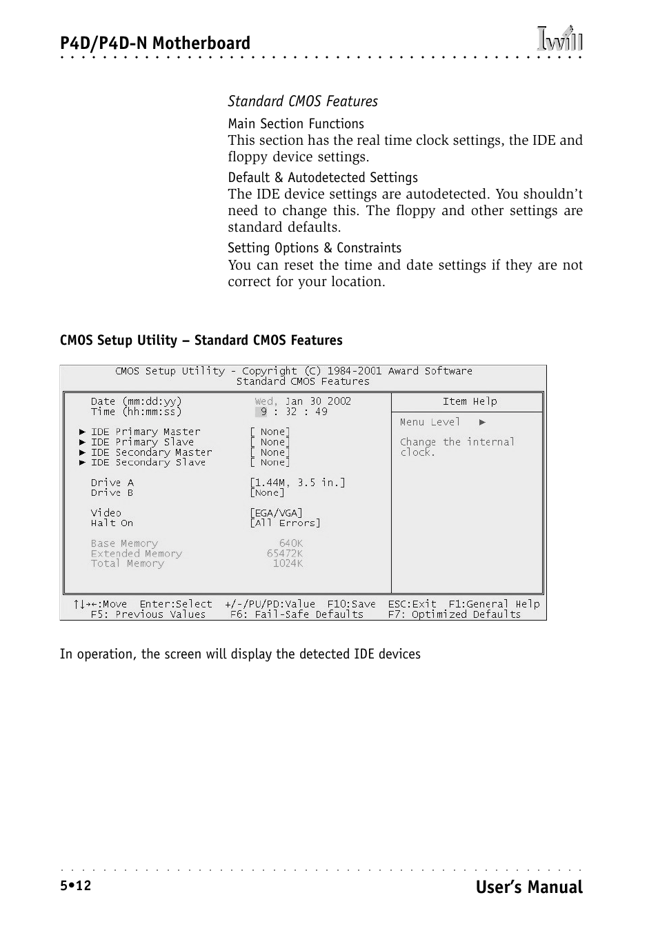 Standard cmos features, P4d/p4d-n motherboard, User’s manual | Intel IWILL P4D-N User Manual | Page 70 / 104