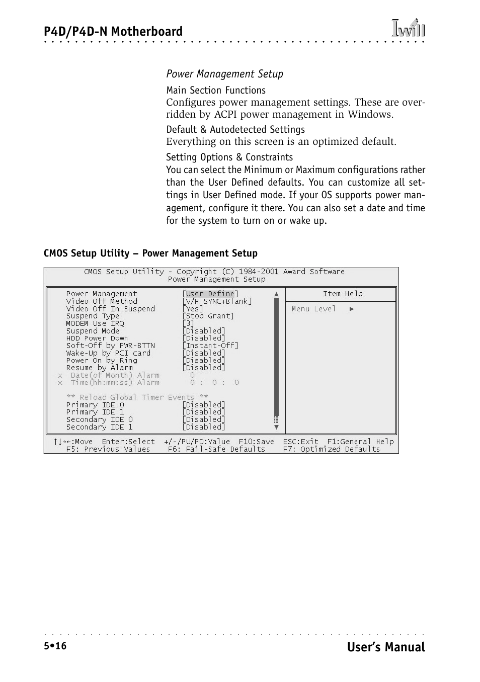 Power management setup, P4d/p4d-n motherboard, User’s manual | Intel IWILL P4D-N User Manual | Page 74 / 104