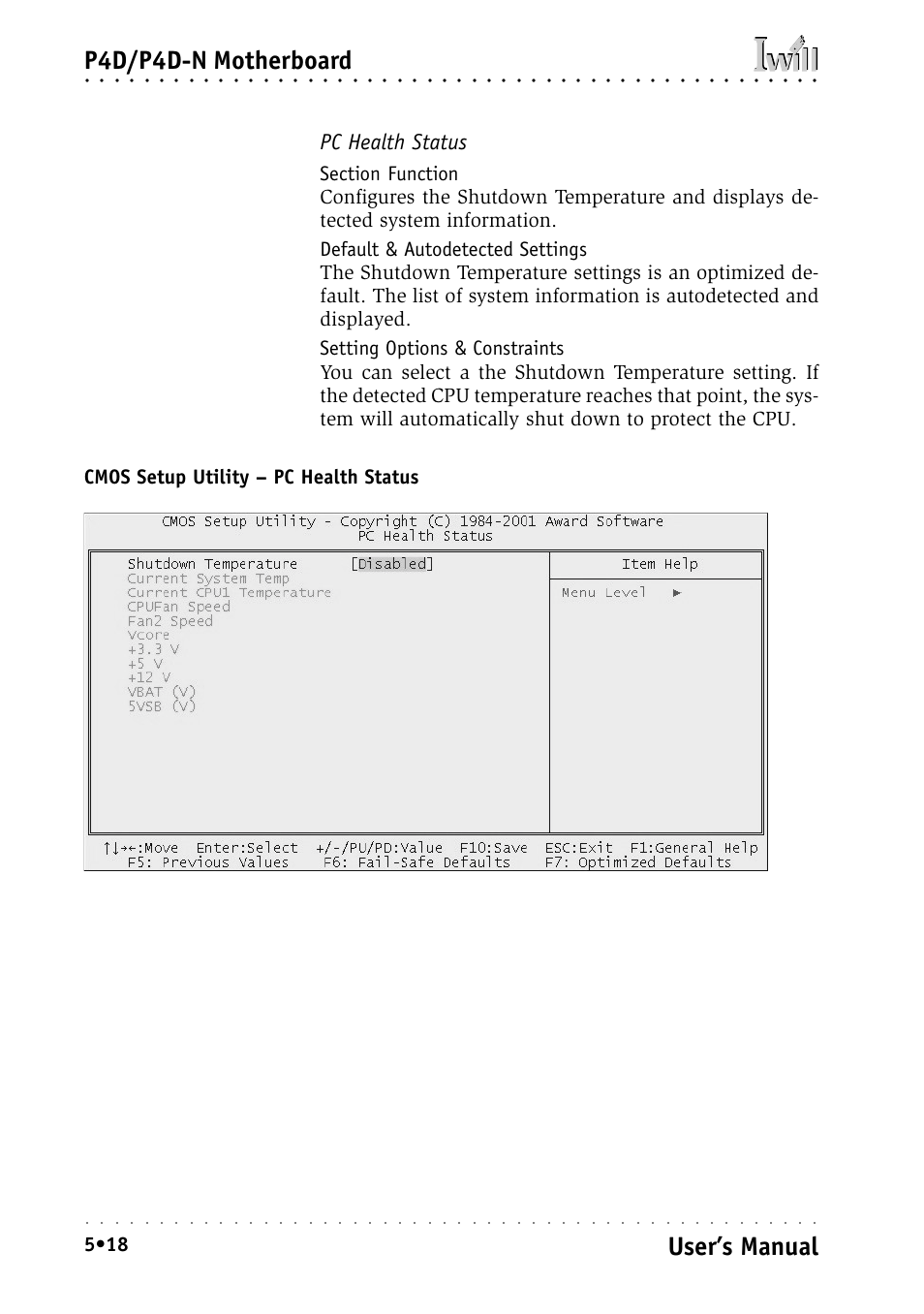 Pc health status, P4d/p4d-n motherboard, User’s manual | Intel IWILL P4D-N User Manual | Page 76 / 104
